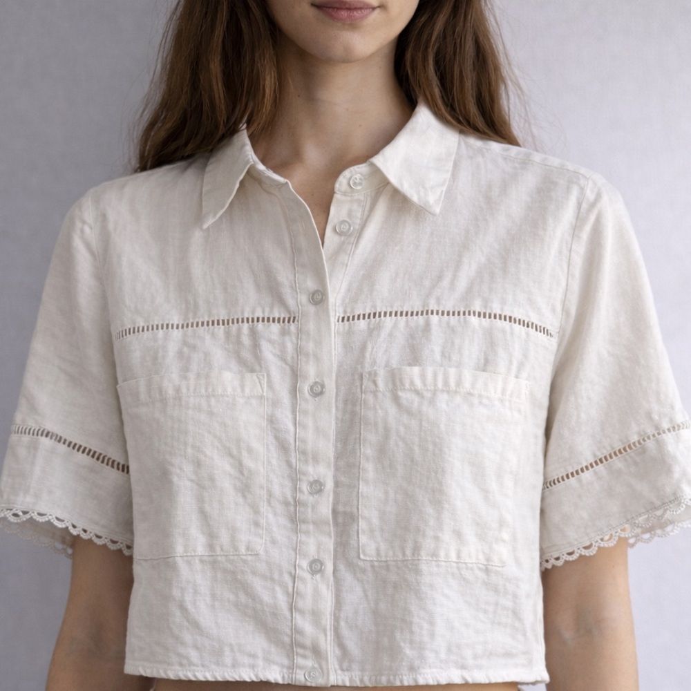 Ellen Tracy Linen Cropped Cottagecore Top